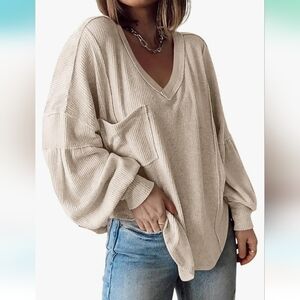 BTFBM V Neck Ribbed Knit Shirts Pullover Tunic Long Sleeve Blouse size L Apricot